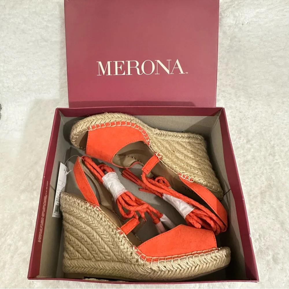 Merona Wedge Sandals Heel Ankle Tie Up Strings Peep Toe Platform Shoes Fabric